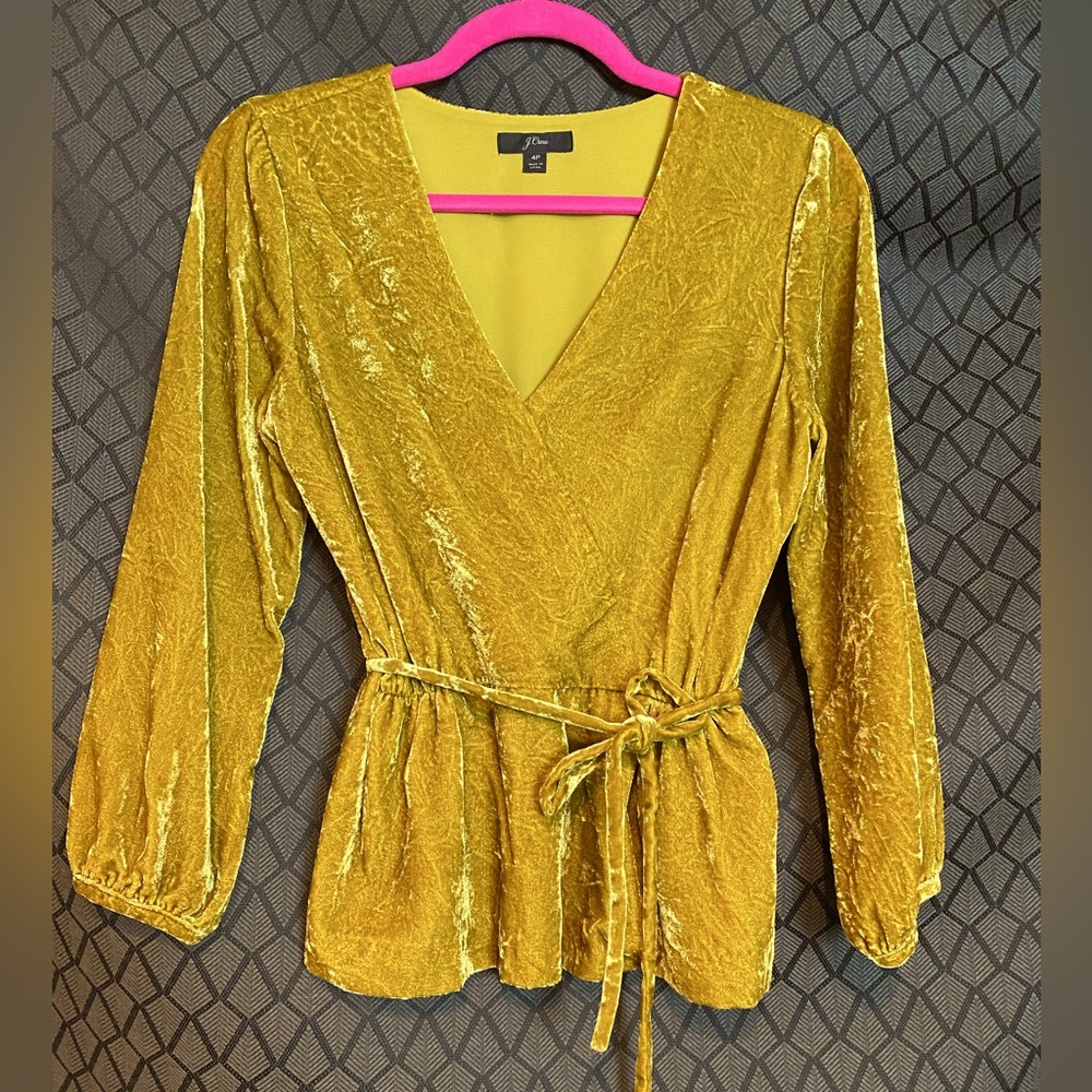 $5 SALE — J. Crew Velvet Faux wrap blouse with tie. Gold /Mustard Yellow